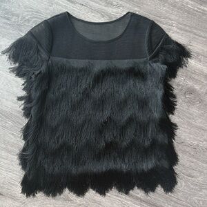 Alexis - Black Fringe short sleeve crew neck blouse Top- Small